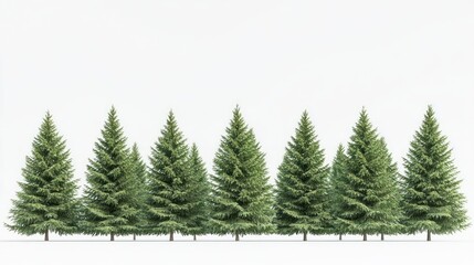 Evergreen trees row, white background, nature scene, landscape design