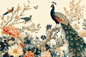 Fototapeta premium Nature-inspired retro canvas featuring peacocks, birds, and elegant hand-drawn flowers with an ornamental vintage aesthetic.