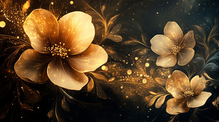 Beautiful abstract black and gold luxury misty floral design background banner.