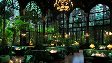 Enchanted Conservatory Restaurant Emerald Seating Lush Plants and Warm Ambiance Elegant Dining Setting