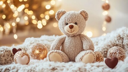 Knitted teddy bear on fluffy blanket with Christmas lights.