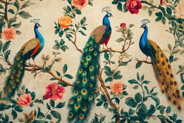 Naklejka premium Retro-inspired wallpaper design with vibrant birds, detailed peacocks, and flourishing floral botanical elements in an ornamental layout.