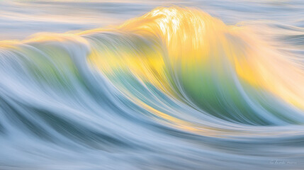 A photograph of rippling water patterns with cool blue and green tones blending softly into warm amber highlights, smooth surface with gentle waves, background is solid light gray