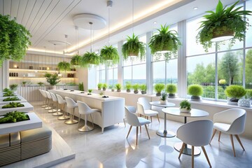 Obraz premium All-white organic restaurant bar boasts a modern minimalist interior with panoramic design.
