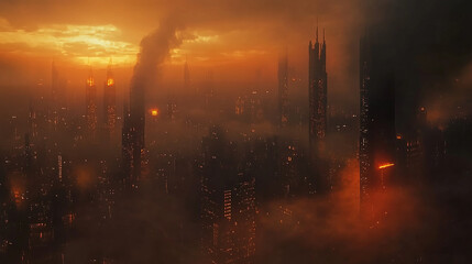 Obraz premium A dystopian city skyline filled with dark smoke rising