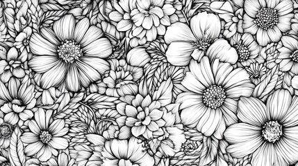 A detailed black-and-white illustration of various flowers and foliage.