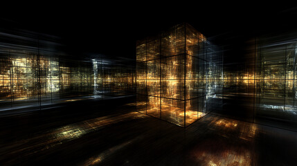 Enigmatic Luminous Cube Amidst Mirrored Reflections in Abstract Space with Geometric Precision