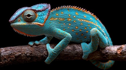 A vibrant blue chameleon perched on a branch against a dark background.