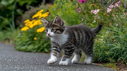 Obraz premium Adorable tabby kitten walking on pavement near flowers.