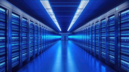 A futuristic data center hallway with glowing blue server racks and advanced cooling systems, reflecting on the polished floor. Ideal for cybersecurity, cloud computing, and high-performance computing