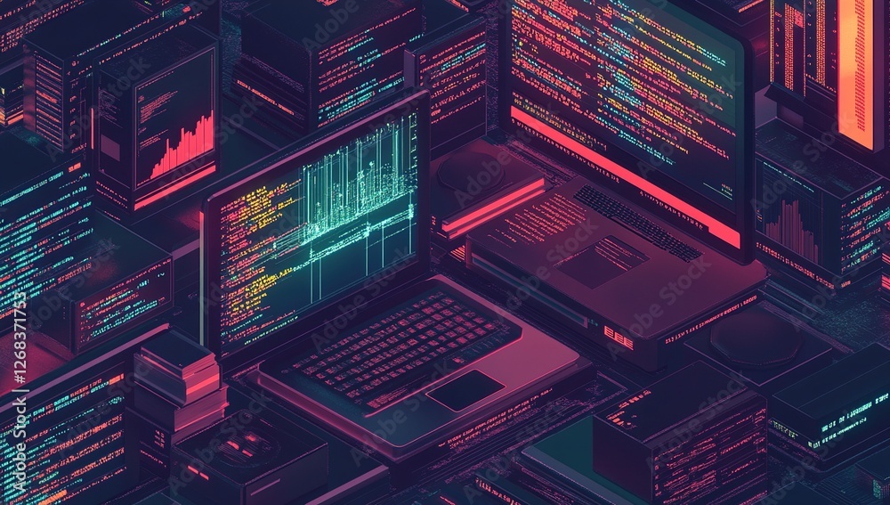 Aufkleber exploring data visualization: charts, graphs, and code displayed isometrically with neon glow