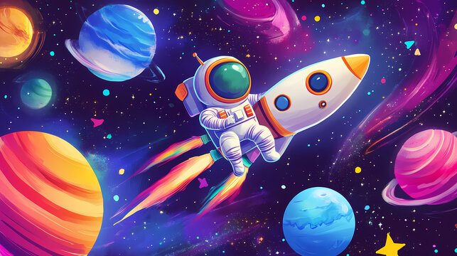 Cute kawaii astronaut and rocket in colorful space with vibrant planets and stars. Dream-Bound Astronauts. Illustration