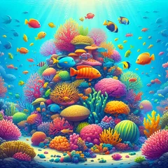Gardinen An underwater scene featuring colorful coral reefs and tropical fish. © TUAN HAKIM