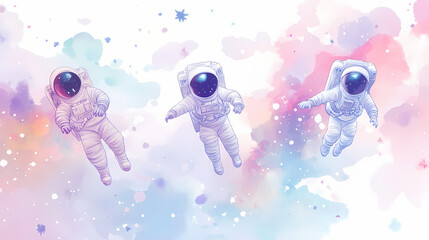 Pastel watercolor space adventure featuring astronauts and distant stars, perfect for a child's room, colorful and lively, evoking curiosity and imagination. Dream-Bound Astronauts. Illustration