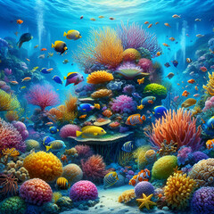Obraz premium An underwater scene featuring colorful coral reefs and tropical fish.