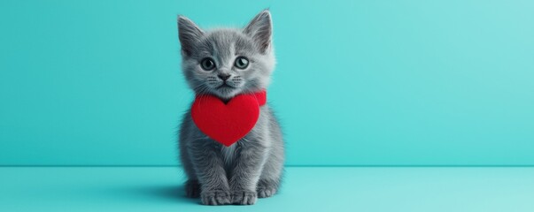 Adorable gray kitten with a red heart-shaped collar on a vibrant turquoise background perfect for pet-themed materials