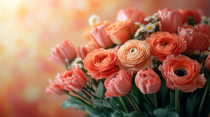 Close-up of a vibrant flower arrangement symbolizing harmony and diversity, set against a modern, bright-toned backdrop with empty space for text, reflecting balance amidst chaos
