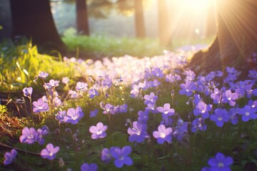 Obraz premium Spring garden with purple anemone flowers blooming in morning sunlight. Natural forest landscape with wildflowers in sunbeams. Sunrise floral background with copy space