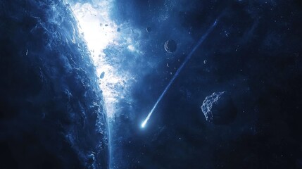 Naklejka premium A meteor streaks through space near a blue planet