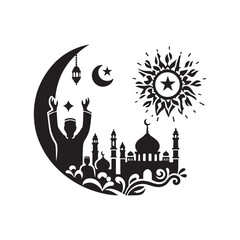 Eid Mubarak Silhouette Vector Illustration, Solid White Background.