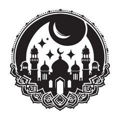 Eid Mubarak Silhouette Vector Illustration, Solid White Background.