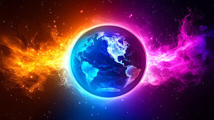 Fototapeta premium Ethereal Earth Sphere Surrounded by Fire and Energy Glowing Lights in a Cosmic Space Setting