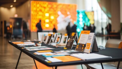 Trade show brochures on table, event background