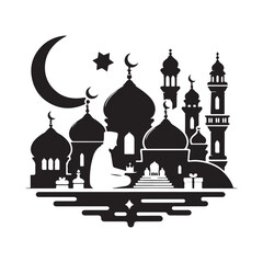 Eid Mubarak Silhouette Vector Illustration, Solid White Background.