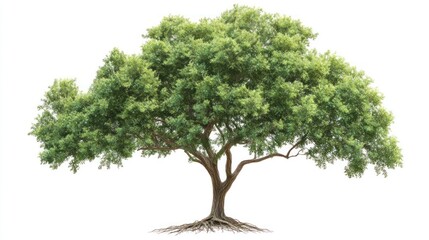 Lush green tree, exposed roots, white background, nature, website banner