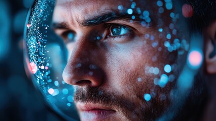Man, digital, data, sphere, futuristic, night, focused, face, technology, concept
