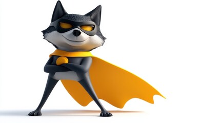 Cartoon Wolf with Superhero Costume and Yellow Cape Standing Confidently