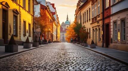 Obraz premium A cobblestone street in the heart of Prague, with colorful buildings lining the road and soft golden light reflecting off the stones.