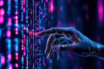 Ethical AI and responsible tech use, Futuristic Hand Touching Digital Interface in Colorful Data Stream Environment