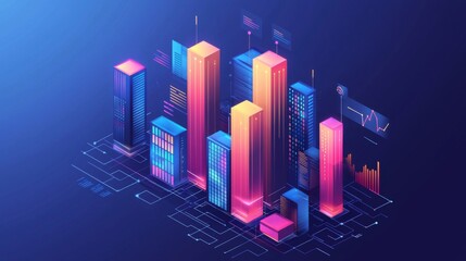 Fototapeta premium Data analytics concept with glowing bar charts and futuristic UI elements in blue tones. --chaos 20 --ar 16:9 --quality 2 --v 6.1 Job ID: 1ab380ca-2c62-42d8-8e1a-2685af58e291