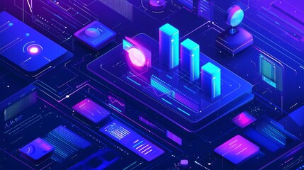Obraz premium Data analytics concept with glowing bar charts and futuristic UI elements in blue tones. --chaos 20 --ar 16:9 --quality 2 --v 6.1 Job ID: 1ab380ca-2c62-42d8-8e1a-2685af58e291