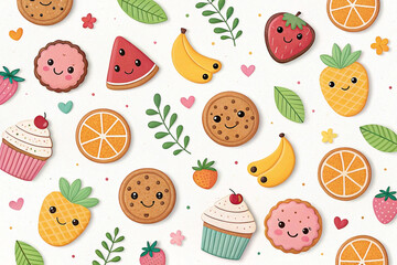 Cute fruit & cookie pattern; summer; white background; website design