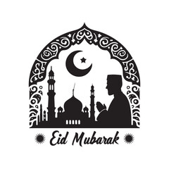 Eid Mubarak Silhouette Vector Illustration, Solid White Background.