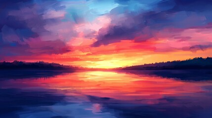 Fototapeta premium Digital painting of a colorful sunset over a tranquil lake with reflections of the sky --chaos 20 --ar 16:9 --quality 2 --v 6.1 Job ID: 8c2dc4a4-6373-4062-81ec-993b18651f91