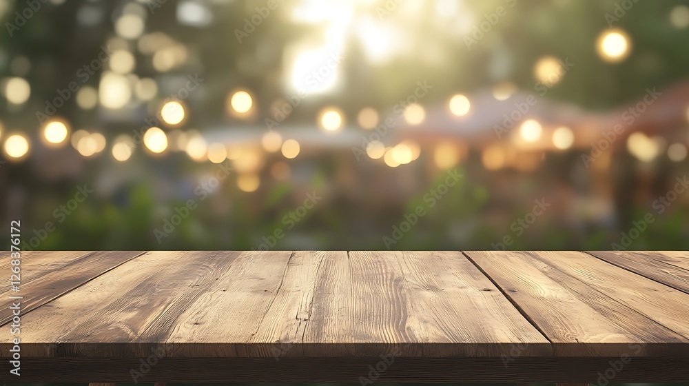 Poster a rustic wooden picnic table captured in sharp focus, ideal for outdoor or home setting imagery.