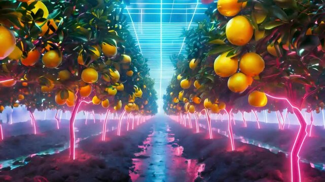 Neon-lit orchard with vibrant orange trees and pink glowing lines.