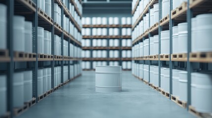 Obraz premium White Storage Containers in Industrial Warehouse Aisle Surrounded by Shelves and Product Organization