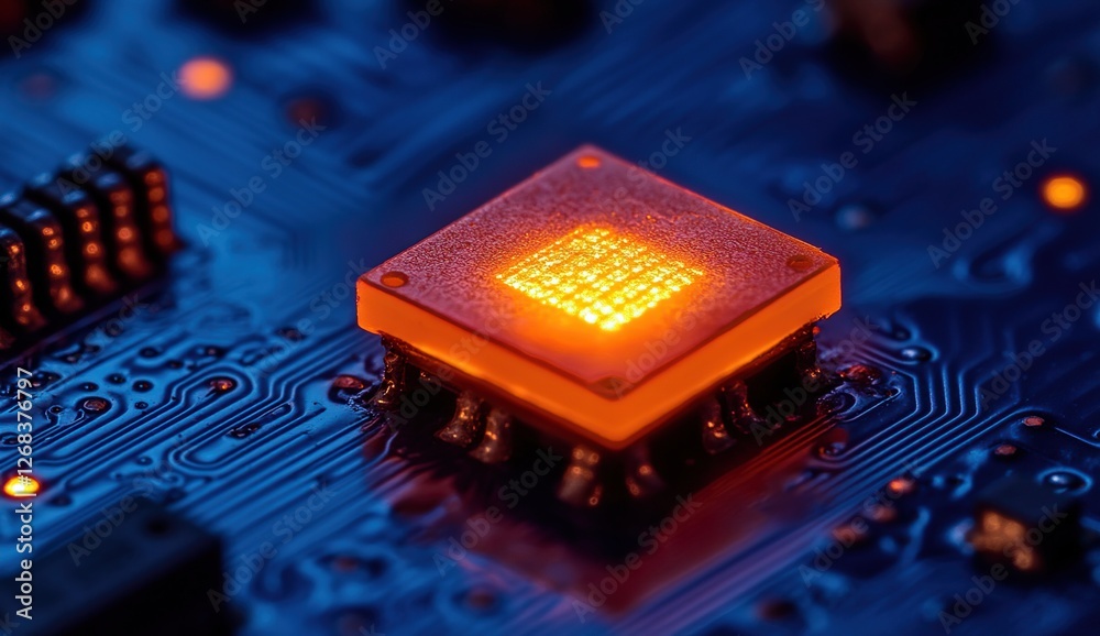 Poster illuminated microchip: close-up of a glowing integrated circuit on a circuit board, detailing its co