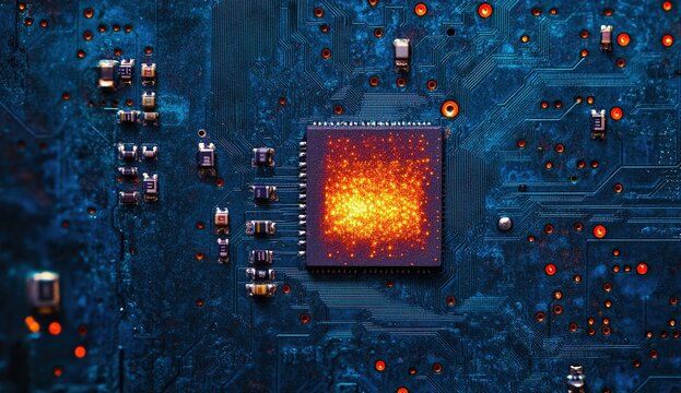 Exploring the Intricate Circuits of a Microchip's Powerful Processor, Illuminating Technological Advancements in Computing.