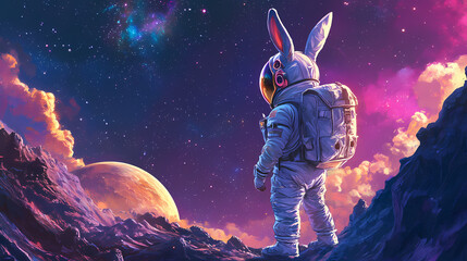 A rabbit astronaut explores a distant planet under a starry sky, blending imagination with cosmic adventure. Dream-Bound Astronauts. Illustration