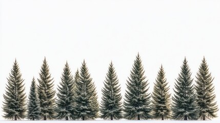 Fototapeta premium Snowy fir trees line, winter landscape, white background, holiday card
