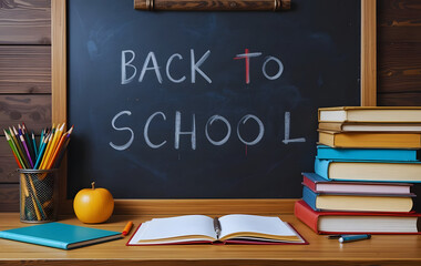 "Back to School" message written on a chalkboard with books, pencils, and an apple neatly arranged on a wooden desk