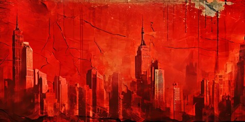 Obraz premium A red cityscape with a large building in the middle