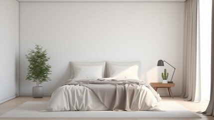 A cozy minimalist bedroom with a neutral-toned bedspread, soft curtains, and simple decor.