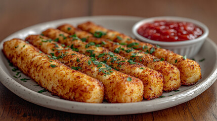 Crispy homemade fried mozzarella sticks served with a delicious dipping sauce on a plate, with a bright modern tone and blurred empty space for text or captions