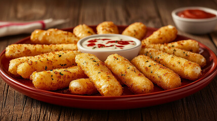 Crispy homemade fried mozzarella sticks served with a delicious dipping sauce on a plate, with a bright modern tone and blurred empty space for text or captions